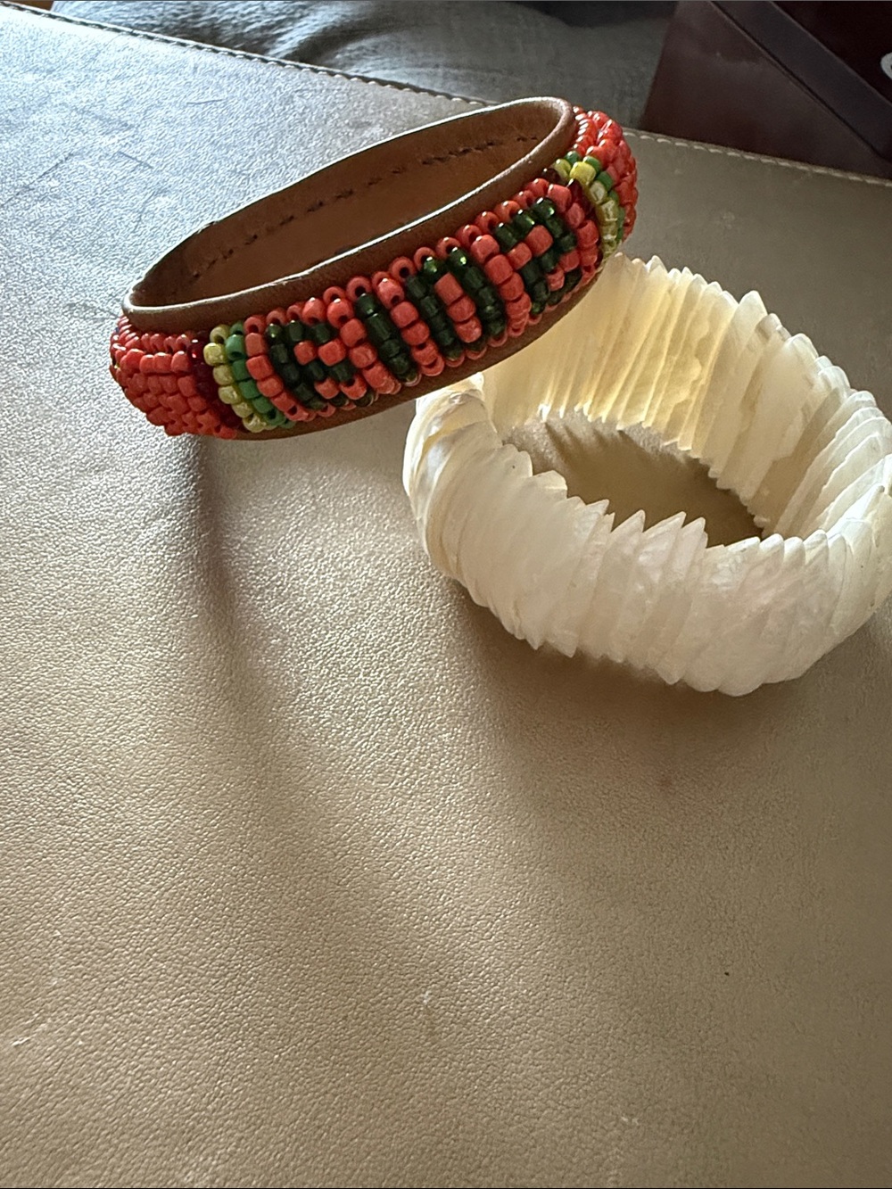 Hand-Beaded Coral and Green Leather Wrap Bracelet